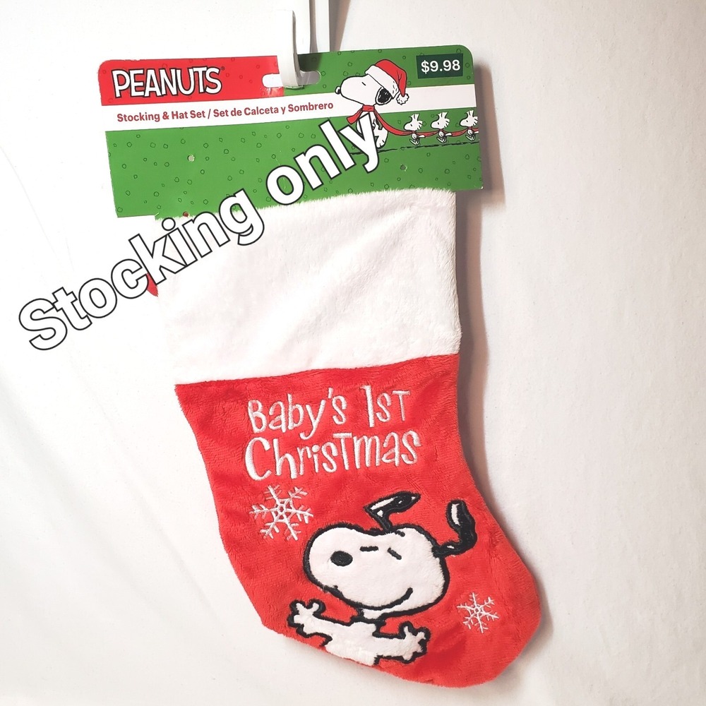 Peanuts Snoopy Babys First Christmas Stocking Red White Faux Fur No Hat DanDee